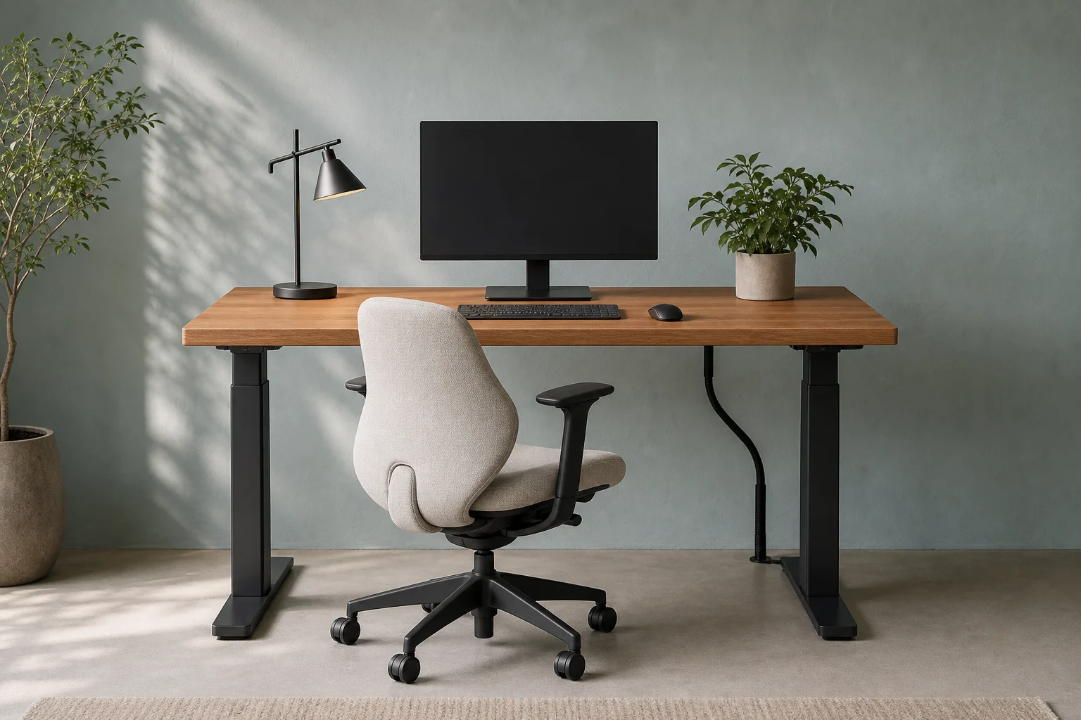 A warm oak home-office desk setup