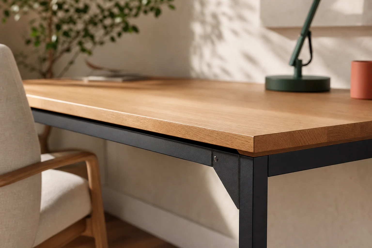 Close detail of a solid wood home-office desk and dark metal frame