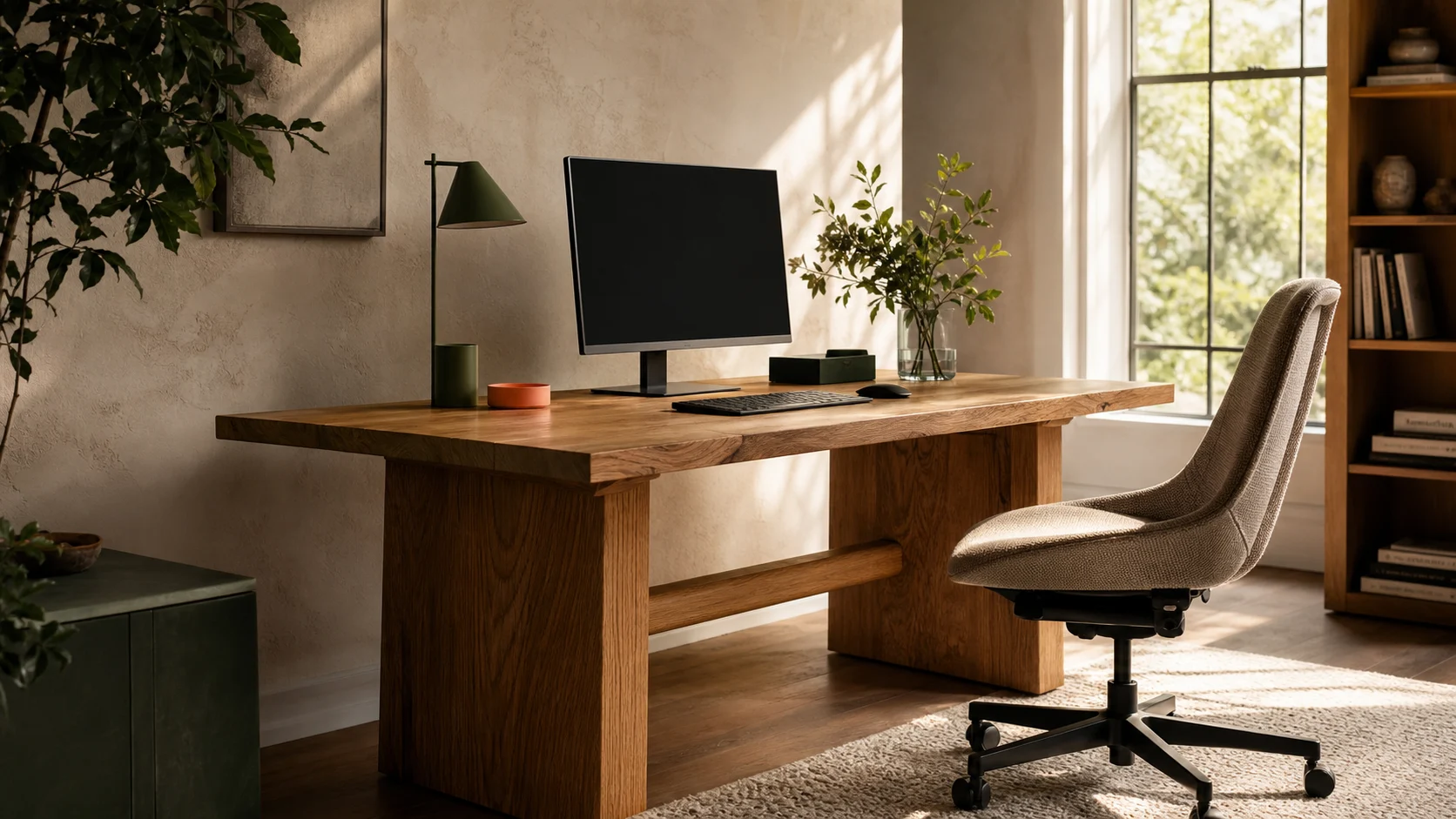 A refined sunlit home office with a warm wood desk and sculptural chair